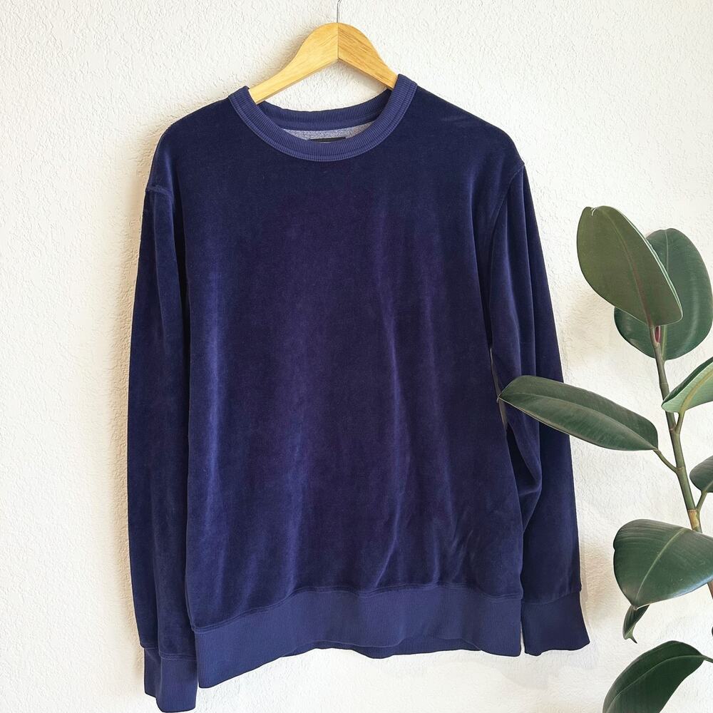 Goodlife Mens Velour Long Sleeve Shirt Large Crew Neck Navy Blue Retro Lounge